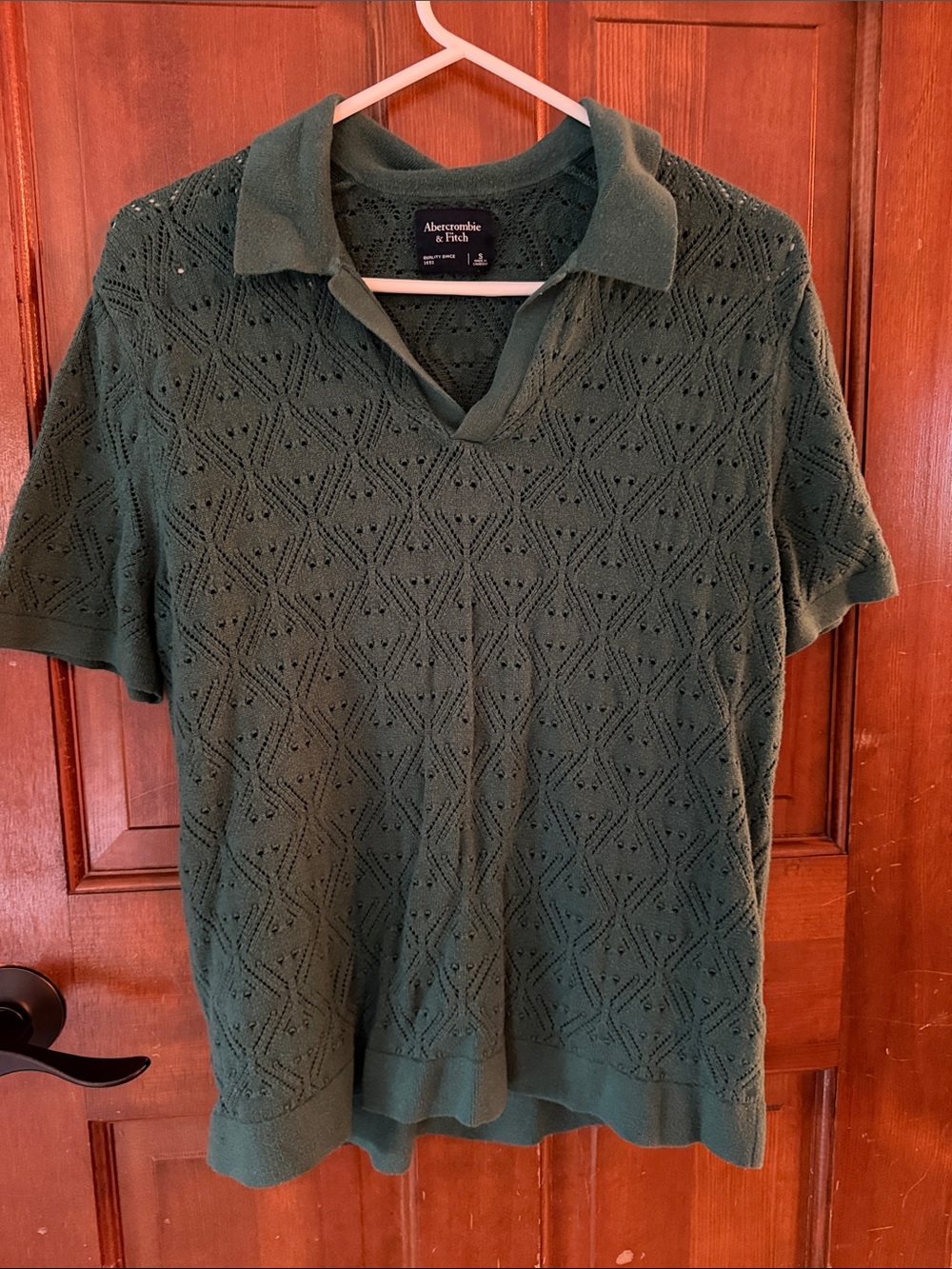 Abercrombie & Fitch Men's Dark Green Openwork Knit Polo